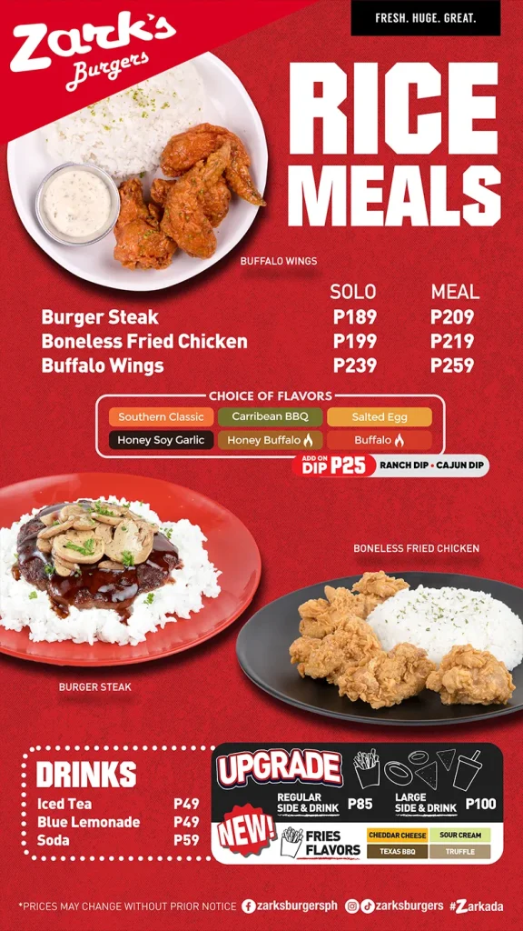 ZARKS BURGER RICE MEALS PRICES