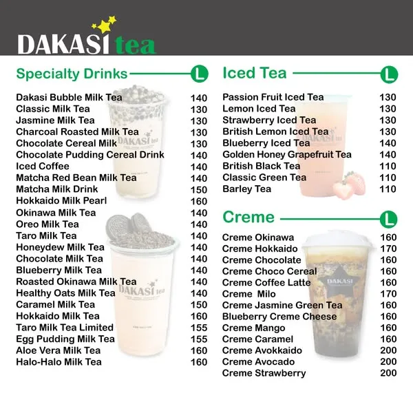 DAKASI ICED TEA MENU PRICES